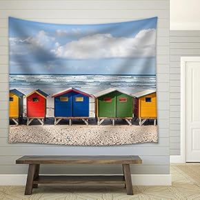 Row of Brightly Colored Huts in Muizenberg Beach. Muizenberg, Cape Town. South Africa - Fabric Wall Tapestry Home Decor - 51x60 inches