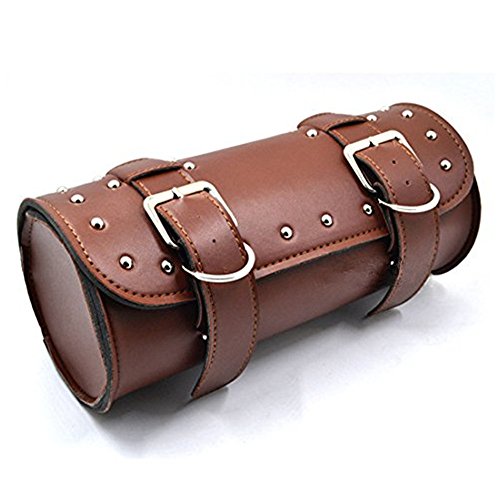 DLLL Universal Brown Motorcycle Round Barrel PU Leather Tool Side Front Bag Panniers Saddle Bag for Harley Cruiser Honda Suzuki Yamaha Kawasaki ATV Scooter Choppers