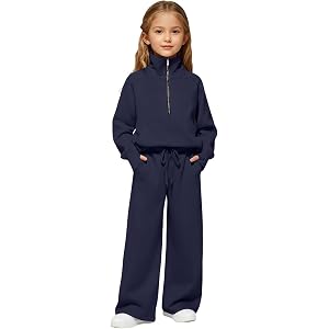 Girls Sweatsuit 2 Piece Outfits Half Zip Tracksuit Fall Hoodie Sweatshirts and Wide Leg Sweatpants Joggers Set