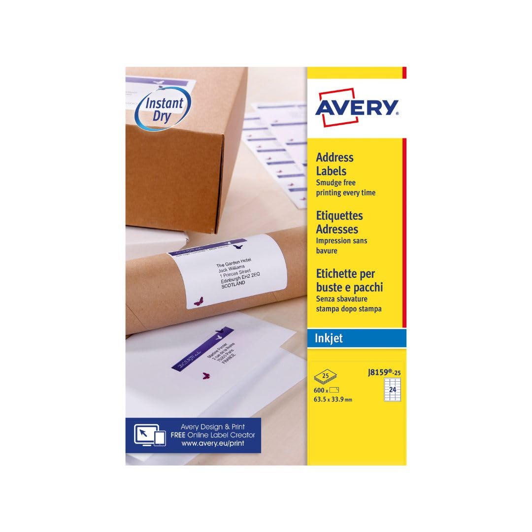 Avery Smudge Free, Printable, Address Labels, Quickdry, 63.5 x 33.9 mm, White, 24 Labels per Sheet, 600 Blank Labels per Pack (J8159-25)