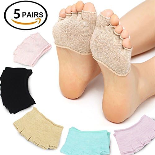 SANIQUE 5 Pairs Women Invisible Five Finger Yoga Socks Yoga Gym Non Slip Toe Socks Half Grip Heel Socks -5 Colors