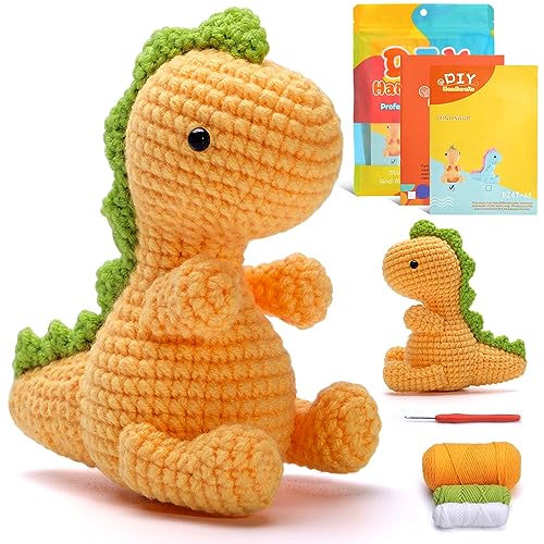 ZMAAGG Crochet Kit for Beginners, Crochet Animal Kit, Beginner Crochet Starter Kit, Knitting Kit with Step-by-Step Instructions Video, Beginner Crochet Kit for Adults (Yellow Dinosaur)