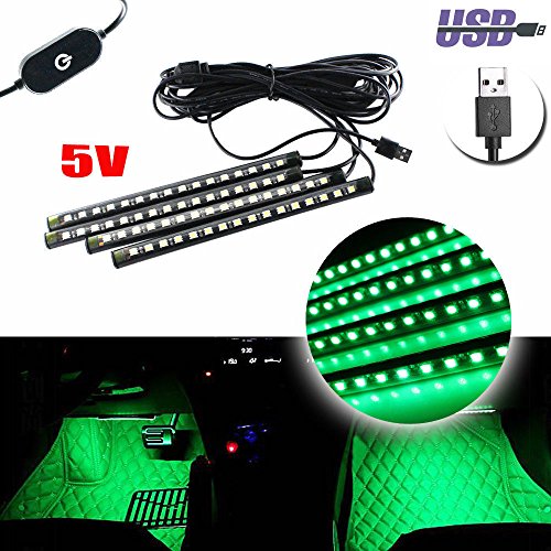 GTinthebox Rainbow Car LED Strip Light Ambient Styling Lighting Kit 48-SMD LED USB Plug Socket DC 5V Car Interior Decoration Light Under Dash for DIY Christmas Car Bar Indoor Party 4pack(Green)