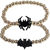 Pingyongchang Halloween Gold Beaded Bracelets Wooden Pumpkin Ghost Bat Spider Beads Stretch Bracelet Funny Halloween Holiday Party Gifts for Women