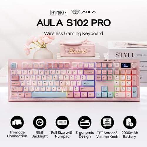 EPOMAKER AULA S102 PRO Wireless Membrane Keyboard with TFT Screen and Number Pad, 2000mAh, RGB Backlit, Media Knob, 105 Keys, Full Size Wireless Gaming Keyboard (Pink)