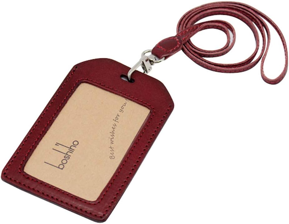 Boshiho Genuine Leather ID Card Badge Holder with Heavy Duty Lanyard Vertical Style (Brown)