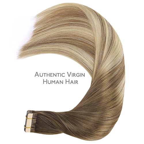 WENNALIFE 20pcs 40 cm 50 g Double Sided Real Hair Extensions Shading from Brown Walnut to Ash Brown and White Blonde Double Sided Adhesive Real Hair Extensions Silky Straight Remy Tape in Hair Extension