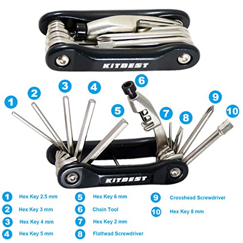 Kitbest Bike Repair Tool, 10 in 1 Bicycle Multi Tool Bike Chain Tool with Handy Bag, Included Spoke Wrench, Glueless Tire Tube Patches, Tire Lever Set - Thumbnail 2