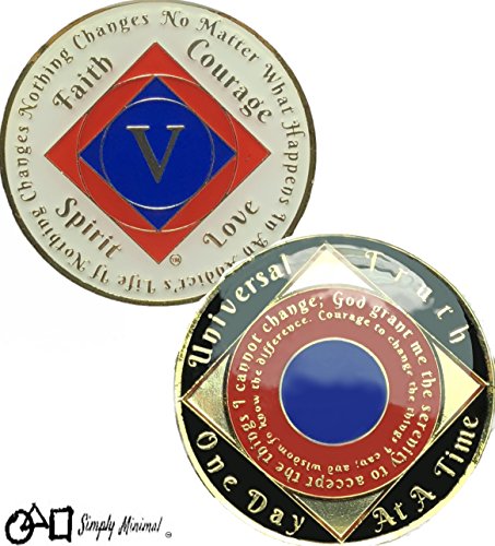 Simply Minimal 5 Year NA Gold Plated Recovery Clean Time Coin, Medallion + Plastic Display Case (red/Dark Blue)