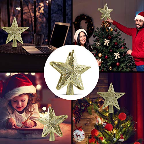 Delicacy Christmas Tree Topper, Lighted Star Tree Toppers with LED Rotating Snowflake Projector Lights, Gold Star Snow Tree Topper for Holiday Party Xmas Tree Decorations