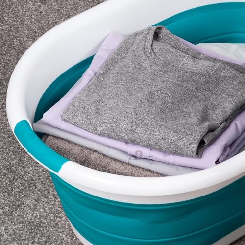 Beldray LA034816TQ Foldable Oval Basket - with Durable Plastic Handles, 37L Capacity, Turquoise, Lightweight, Space Saving Solution, Laundry Basket, Foldable Laundry Basin
