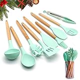 Kitchen Utensil Set With Holder Silicone Cooking Utensils 10 Piece - Mint Green Kitchen Tool Set With Bamboo Wood Handles For Nonstick Cookware FDA Approved BPA Free Tongs Spatula Spoon Set By Twichan