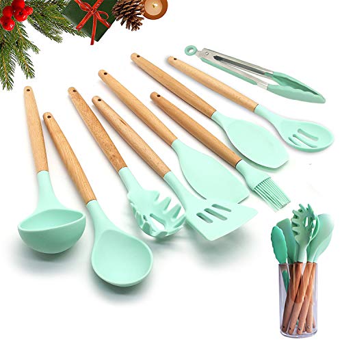 Kitchen Utensil Set with Holder Silicone Cooking Utensils 10 Piece - Mint Green Kitchen Tool Set with Bamboo Wood Handles for Nonstick Cookware FDA Approved BPA Free Tongs Spatula Spoon Set by Twichan