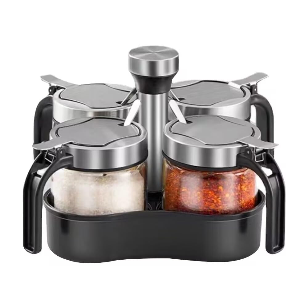 TINMIX Rotating Spice Pots Sugar Bowl Salt and Pepper Containers with Lid and Spoon, Set of 4 Spice Box Spice Jar with 360 Rotating Holder Compartment for Kitchen