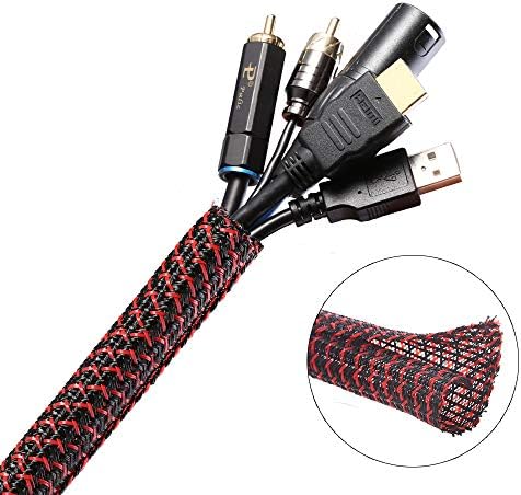 Keco 10ft – 3/8 inch Cable Management Sleeve Wire Loom Cord Protector – Self Wrap Braided Cable Split Sleeving Cord Organizer For TV Computer Automotive Office Home Entertainment – Blackred