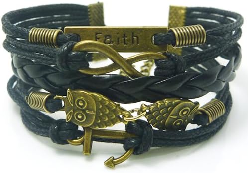 Owls Bracelet Genuine Handmade Vintage with Infinity Love, Anchor and Faith Charms