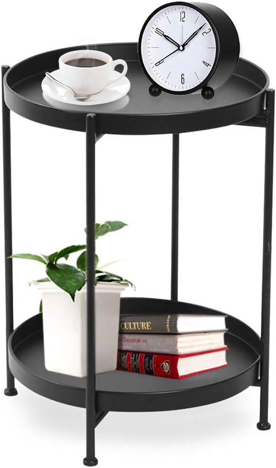 Mesa auxiliar redonda negra, mesa auxiliar de metal de 2 niveles con