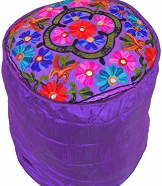 NovaHaat Purple Embroidered Pouf Cover - Living Room Ethnic Indian Style Floor Seating Round Fabric Ottoman - 16in Diameter, 18 Inch Height