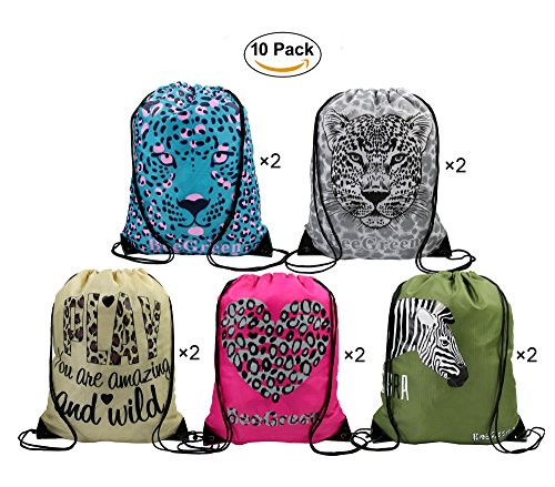 Jungle Safari Animals Party Supplies Drawstring Bags for Kids Girls Boys Set of 10, Zoo Theme Party Favors Backpacks for Birthday and School