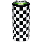 Crazy Bison Skinny Can Cooler, 12oz Insulated Slim Can Holder, Double-Walled Stainless Steel Insulated Tumbler for Beer & Hard Seltzer (Black & White Checkerboard)
