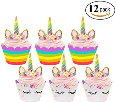 Unicorn Cupcake Toppers and Wrappers Double Sided Kids Party Cake Decorations Set of 12
