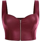 BEAUDRM Women's Plus Size Zip Up PU Leather Wide Strap Crop Cami Top Sleeveless Slim Fit Tank Top