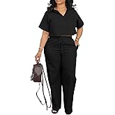 ThusFar Women Linen 2 Piece Outfits Short Sleeve Button Down Crop Top Drawstring Long Pants Suit Summer Work Lounge Set