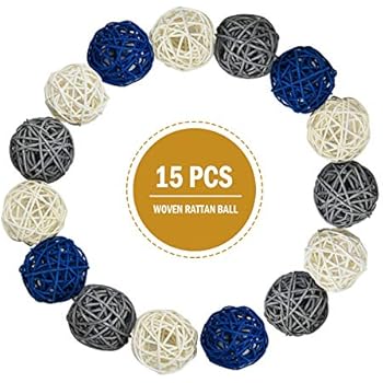 Timoo Rattan Balls Decorative, 15 Pack Wicker Balls for Home Decor Aromatherapy Accessories Wedding Decoration Baby Shower Table Decoration, 2 Inch (Blue, Gray, White)