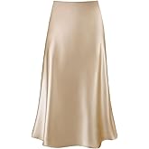 Modegal Women's Satin High Waist Hidden Elasticized Waistband Flared Casual A Line Midi Skirt