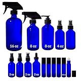 Cobalt Blue Glass 15 Piece Starter Set Kit - Includes 1 -16 oz Trigger Sprayer Bottle, 1 -8 oz Trigger Spray Bottle, 1 -8 oz Lotion Pump Bottle, 2 -4 oz Fine Mist Spray Bottles, 2 -2 oz Fine Mist Spray Bottles, 1 -2 oz Treatment Pump Bottle, 1 -2 oz Dropper Bottle, and 6 -10 ml Roll On Bottles + Labels