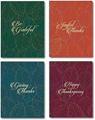 Thanksgiving Note Card Assortment. Twenty note cards: five each of four different designs and messages. Blank inside. Gold foil-lined self-adhesive envelopes.