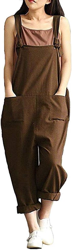 Women's Plus Size Linen Overalls Baggy Adjustable Strap Sleeveless Jumpsuits Casual Loose Wide Leg Dungarees Rompers