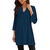 Poetsky Womens Tunic Tops 3/4 Bell Sleeve Loose Fit Tunics Dressy Casual Side Split Flare Top for Leggings S-3XL