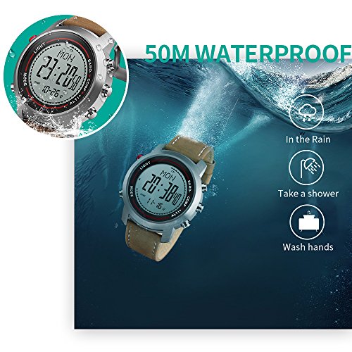 Men Digital Sports Watches with Compass Pedometer Altimeter Barometer Military Waterproof Wristwatch with Leather Band - Silver/Brown