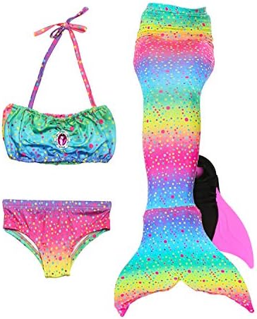 HiFunBay Girls Mermaid Tail Kids Swimmable 3/4/5PCS Bikini Set Swimming Costume with Monofin and Flower Garland Headband (GB04-F03, 140)