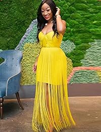 UONBOX Vestido largo con flecos y flecos para cóctel o fiesta de noche, para mujer