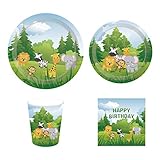 CC HOME Jungle Theme Birthday Party Supplies Sets,Wild One Birthday Supplies Pack - Serves 16 - Includes Plates, Cups and Napkins. Safari Animal Party Decorations,Supply Tableware Set Kit for Zoo Animal,Forest Animals Baby Shower or Birthday Party Supplies Favor