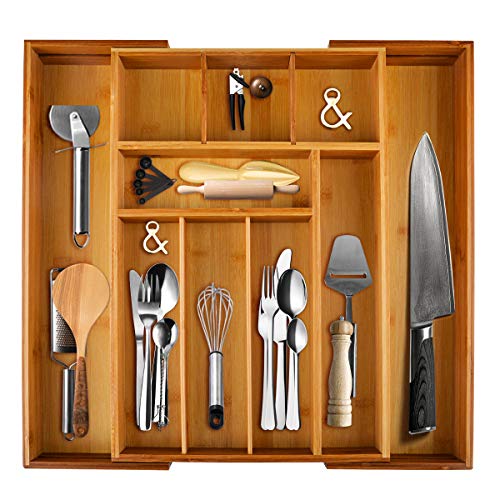 Premium Large 2.5 Inch Deep Pure Bamboo Expandable Utensil Cutlery Tray Flatware Drawer Organizer Adjustable Drawer Divider for All Occassions By Decor Trends,2 Year Warranty