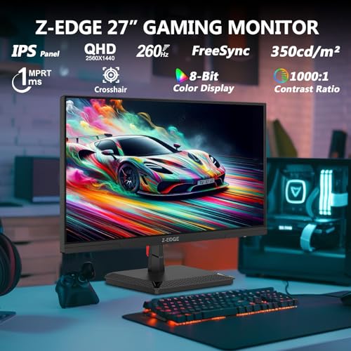 Z-Edge 27 Zoll 260Hz QHD Gaming Monitor (Unterst. 240Hz) 1ms MPRT, 2K 2560x1440 IPS Panel, LED Monitor, 350cd/m² Helligkeit, HDR10, FreeSync, DisplayPort (260Hz 240Hz), HDMI (144Hz), Schwarz thumbnail 2