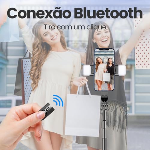 H'MASTON Tripe para Celular Pau de Selfie com Iluminação Bastao de Selfie com Controle Remoto Bluetooth e Duplo Luz LED Ajustável ZP-13 (PRETO)
