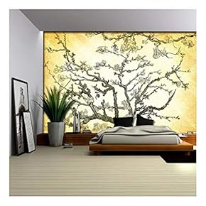 Copper Almond Blossom Painting by Vincent Van Gogh on a Golden Yellow Vignette Background - Wall Mural, Removable Sticker, Home Decor - 66x96 inches