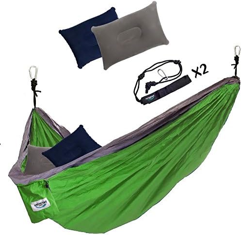 2 Person Hammock by Unlimited Camp: 3 Seam Nylon Portable Lightweight Bedding for Camping, Hiking, Beach, or Yard plus Free Pillows, Ropes, and Straps