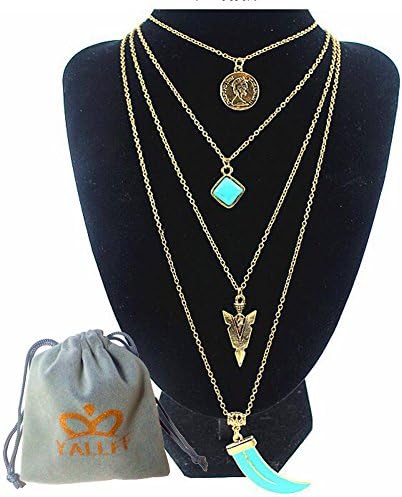 YallFF Womens Boho Antique 4 Layers Multilayer Turquoise Charm Long Chain Necklace (Golden)