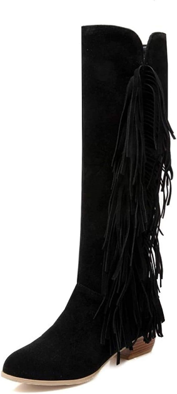 Women's Fringed Knee High Flat Boots Faux Suede Tassles Round Toe Warm Fur Lined Tall Western