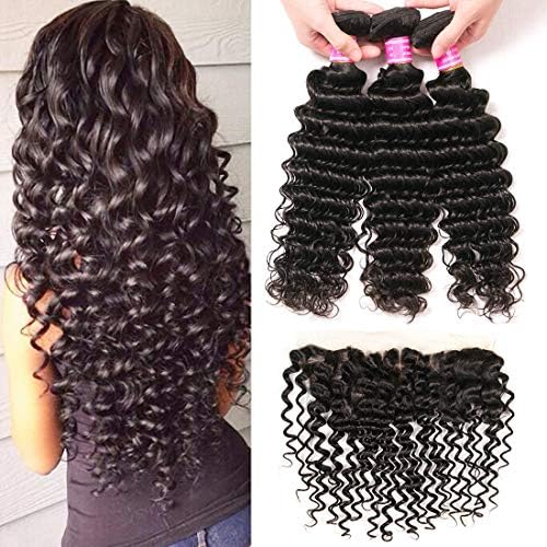 VRBest Brazilian Deep Wave with Lace Frontal Ear to Ear 13x4 Frontal with Bundles 10A 100% Unprocessed Virgin Human Hair Bundles Free Frontal Black Color (22 24 26+20 frontal)
