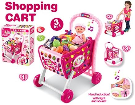 Pink Pretend Play Shopping Cart Toy for Girls/Boys with 3 in 1 Grocery Cart with Light and Sound (78) pc Grocery Set (US Seller)