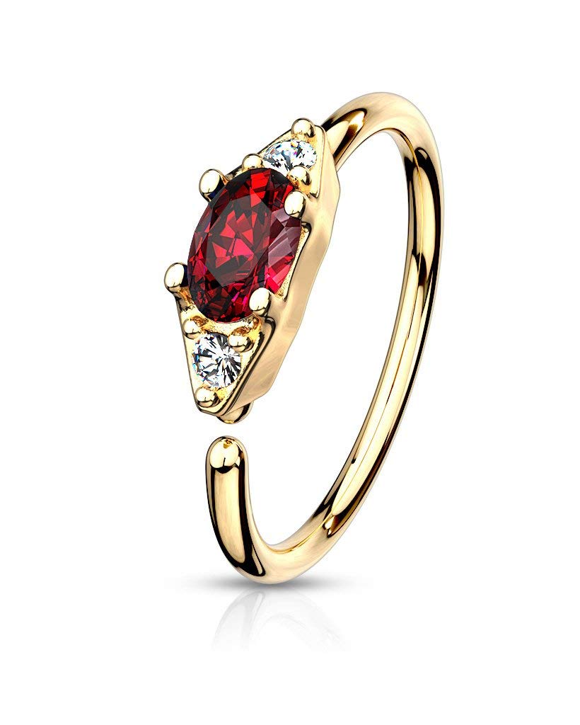 Forbidden Body Jewelry 20 g 8 mm doble circonita cúbica roja ovalada centrada en aro de nariz/torre/hélice de acero quirúrgico chapado en oro de 14 quilates flexible