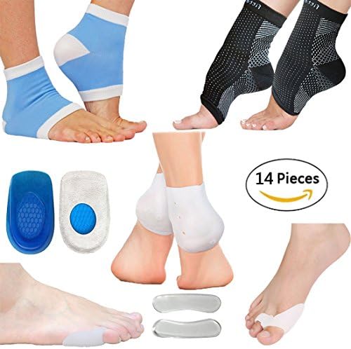 Plantar Fasciitis Foot Sleeve Kit 7 Pairs Foot Care Compression Sleeve, Silicone Gel Heel Protectors Intensive Moisturizing Gel Heel Sleeves Shoe Insoles Toe Guard & Bunion Relief Protectors (S/M)