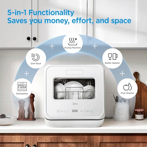 Midea MDC17P4CWW Portable Countertop Mini 1.32Gal Built-in Water Tank, Baby Care, No Hookup Needed, 360° Dual Spray,High-Temp wash, Dishwasher for Apartments& RVs, White, Whole