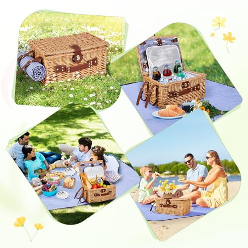 Wicker Picnic Basket for 4 People, Hand Braided Basket with Integrated Insulation and Waterproof Blanket - Complete Set with 4 Cutlery, Plates, Glasses for Camping Beach Garden